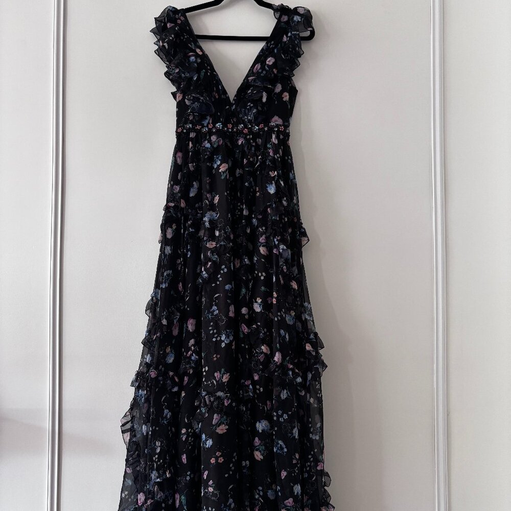 Size 4 Ieena Floral Ruffle V-Neck Gown Mac Duggal Dress